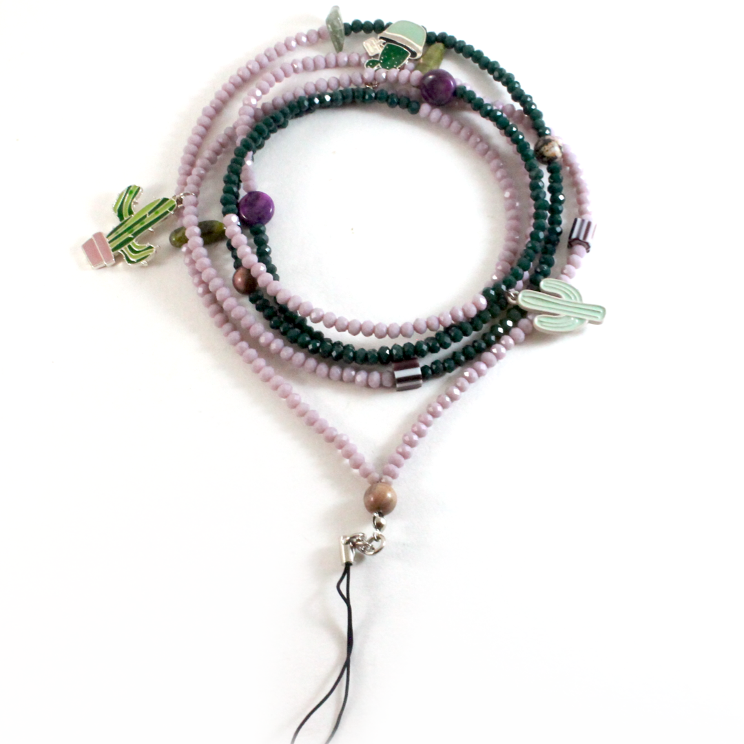 Purple and Green Crystal beads with Cactus Charms - Phone Chain-The Ricci District