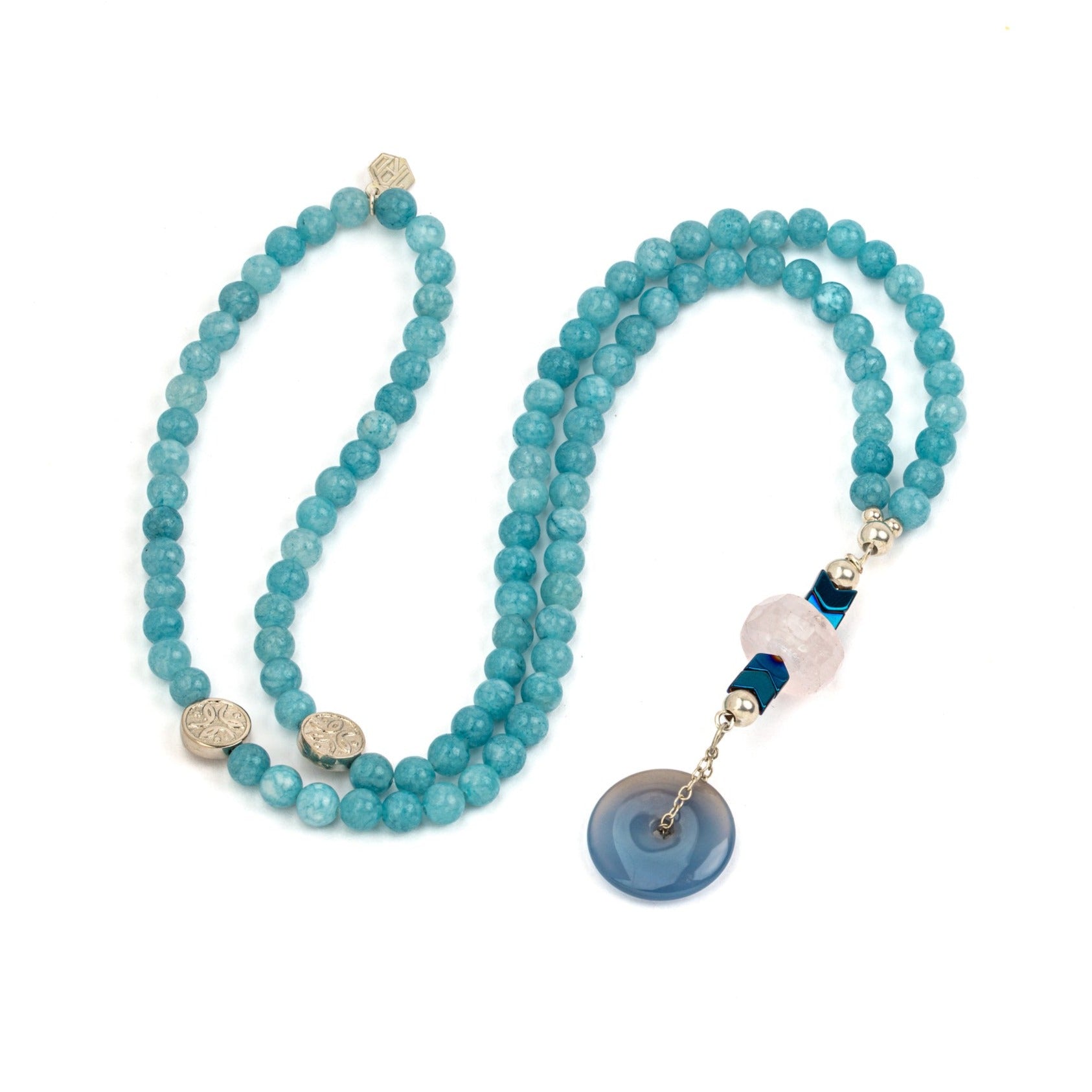baby blue agate, rose quartz and hematite necklace
