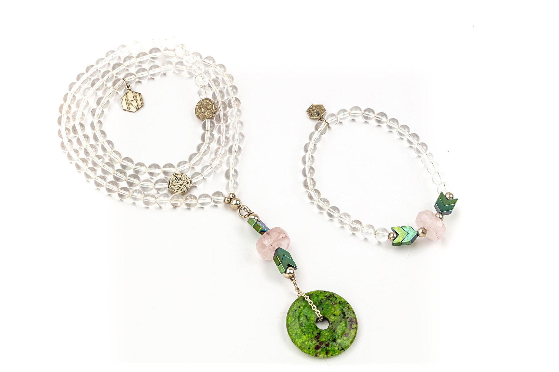clear quartz with rose quartz necklace with bracelet set