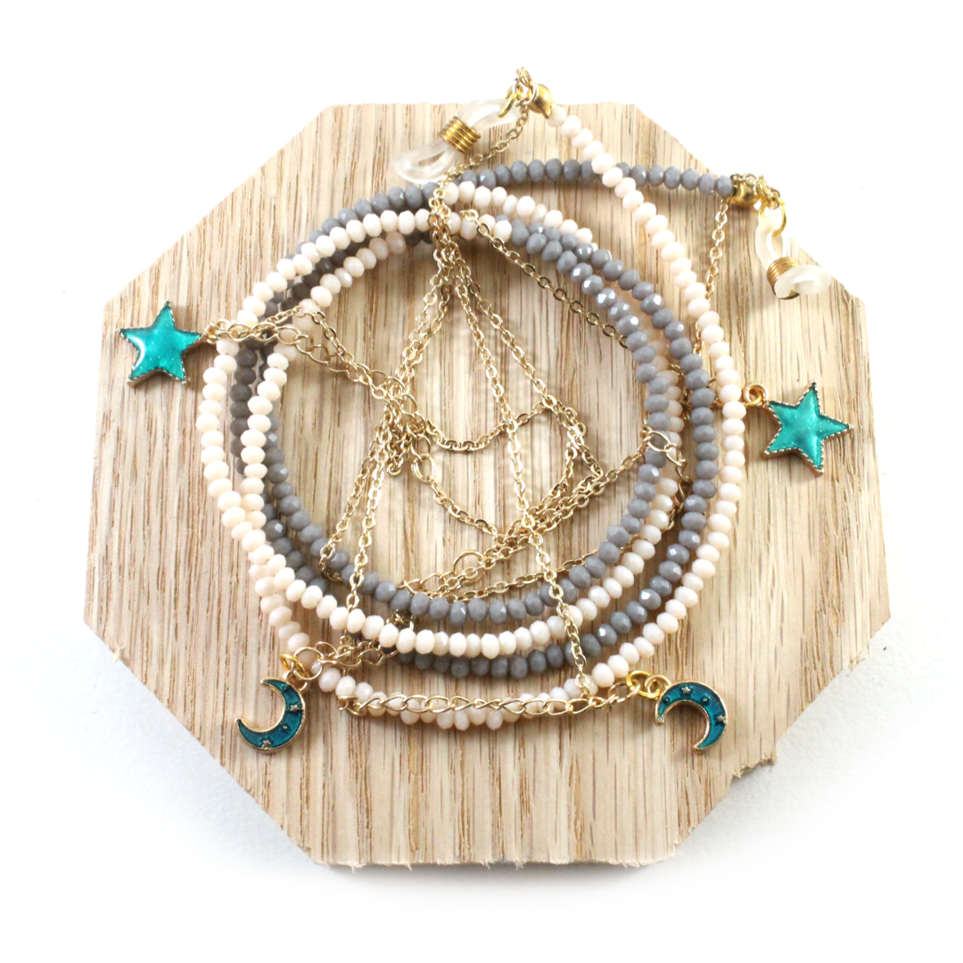 Pastel Grey & Peach Crystals W/ Turquoise Stars and Moon Charms - Eyewear Chain-Eyewear Accessories-TheRicciDistrict