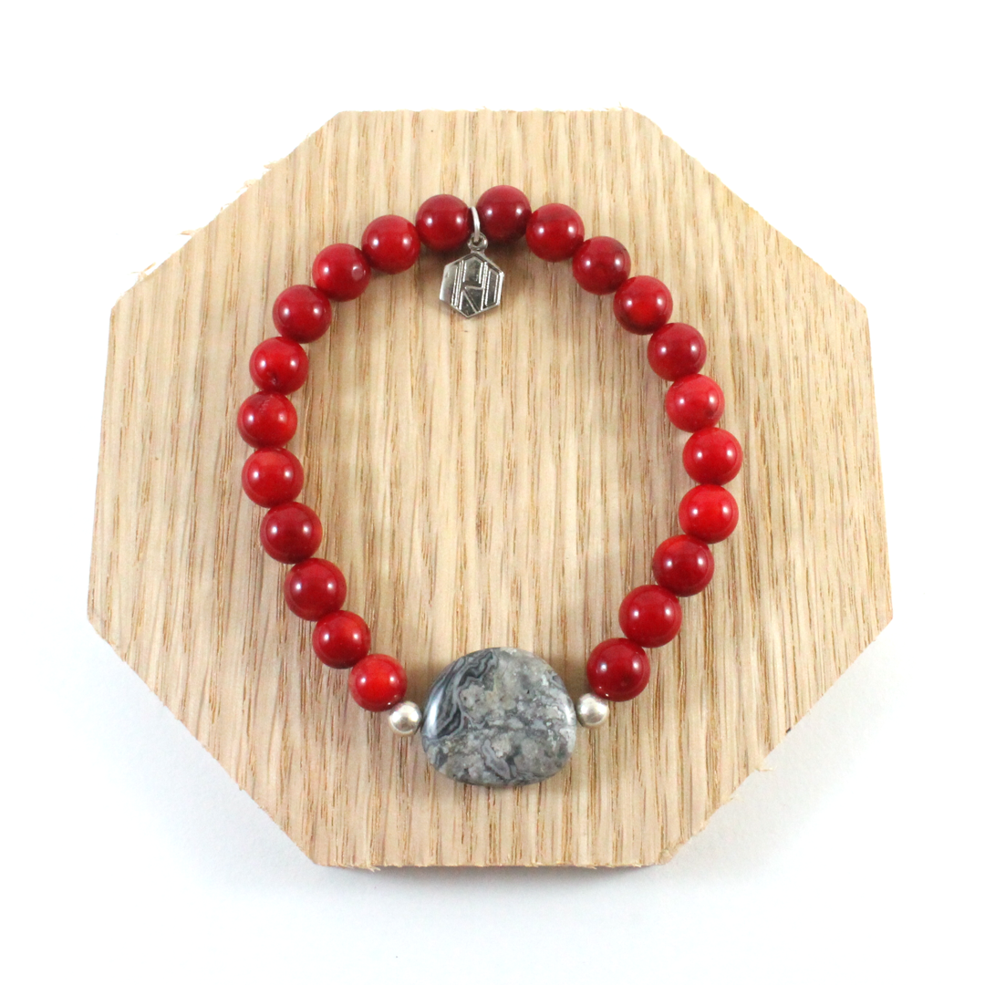 Red Coral Beads with Grey Jasper Bracelet
