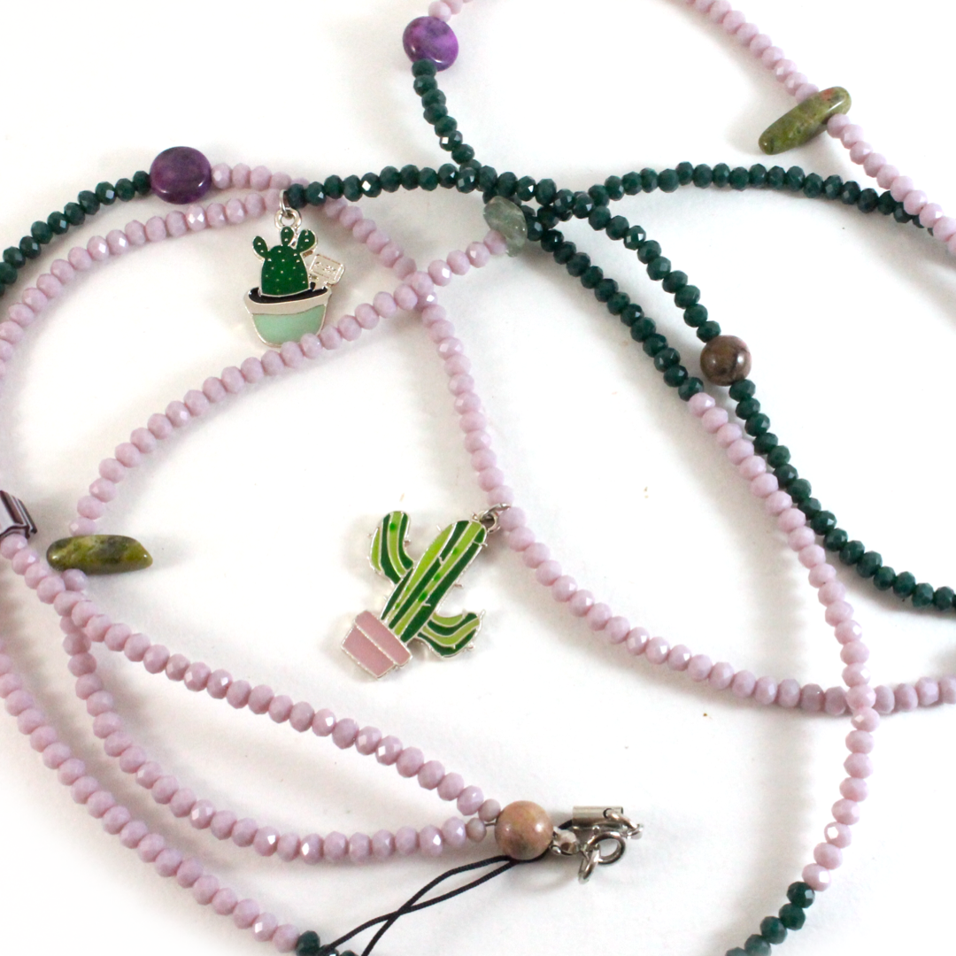 Purple and Green Crystal beads with Cactus Charms - Phone Chain-The Ricci District