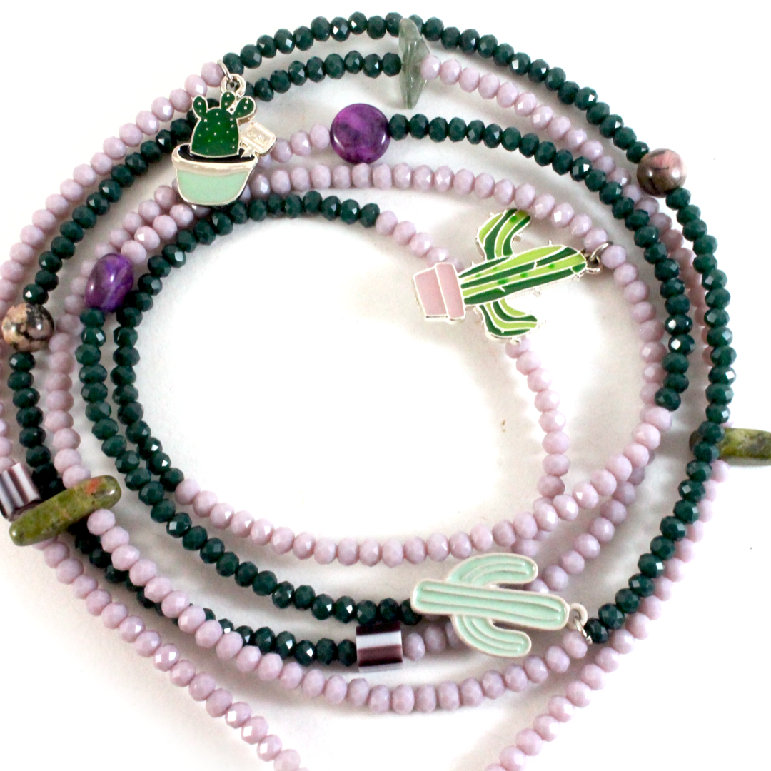 Purple and Green Crystal beads with Cactus Charms - Phone Chain-The Ricci District