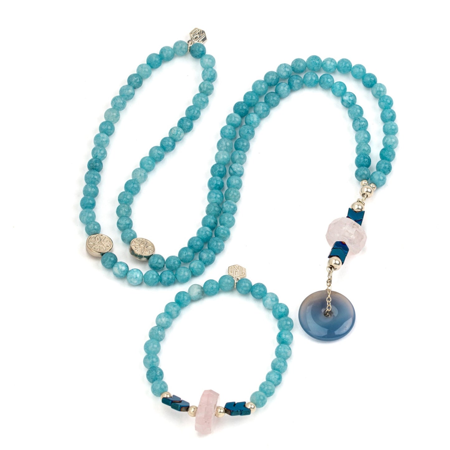 blue agate necklace and bracelet set with silver