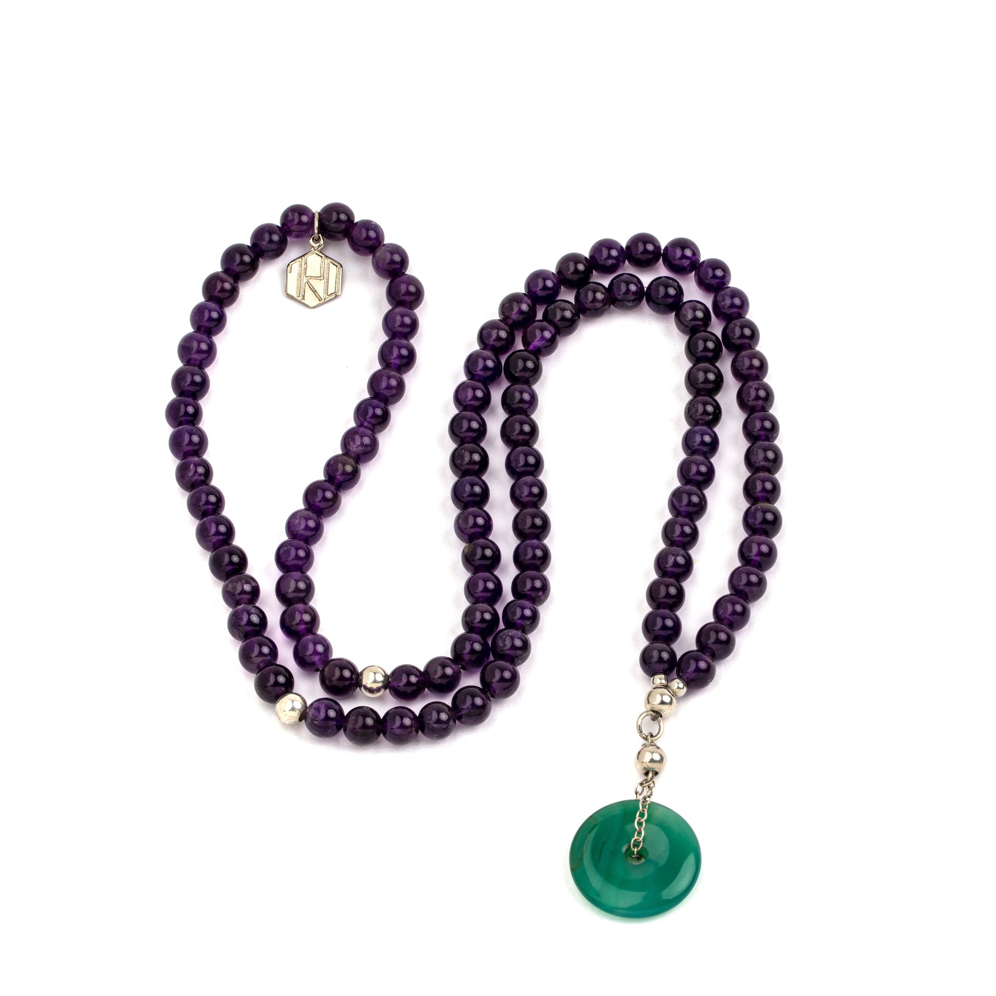amethyst beads and green agate orb necklace pendant
