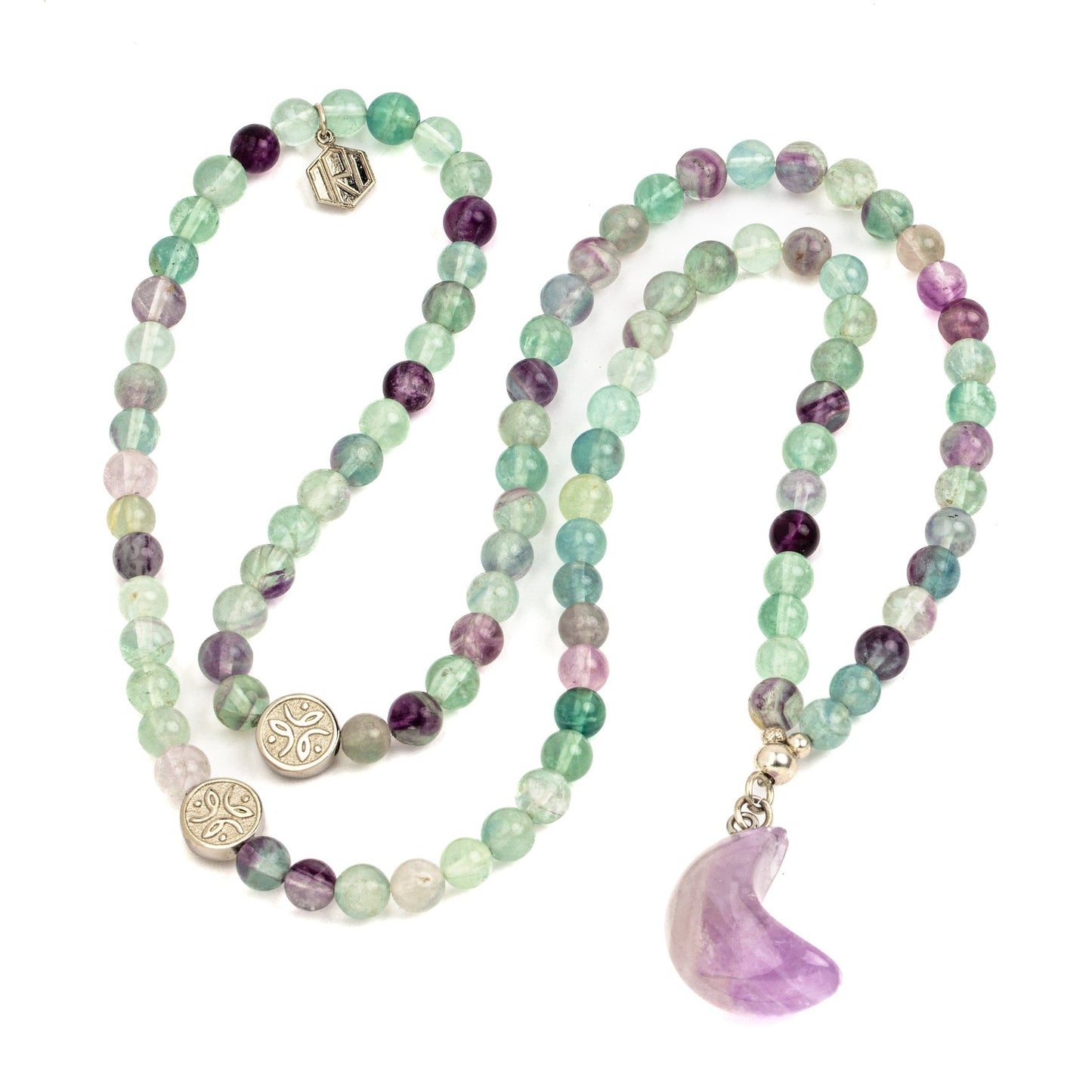 fluorite beads with amethyst half moon necklace