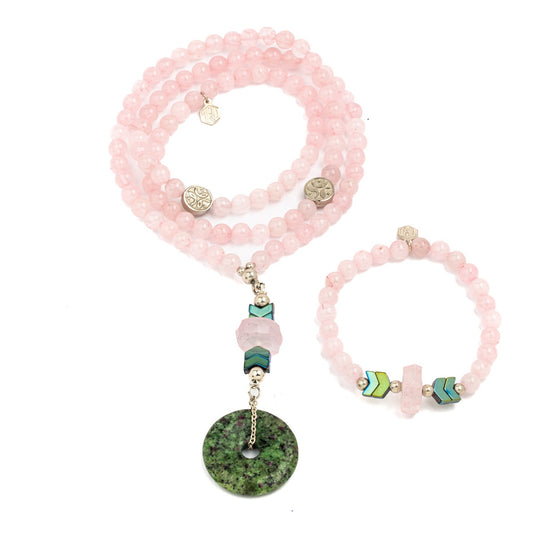 rose quartz and jade pendant necklace with bracelet