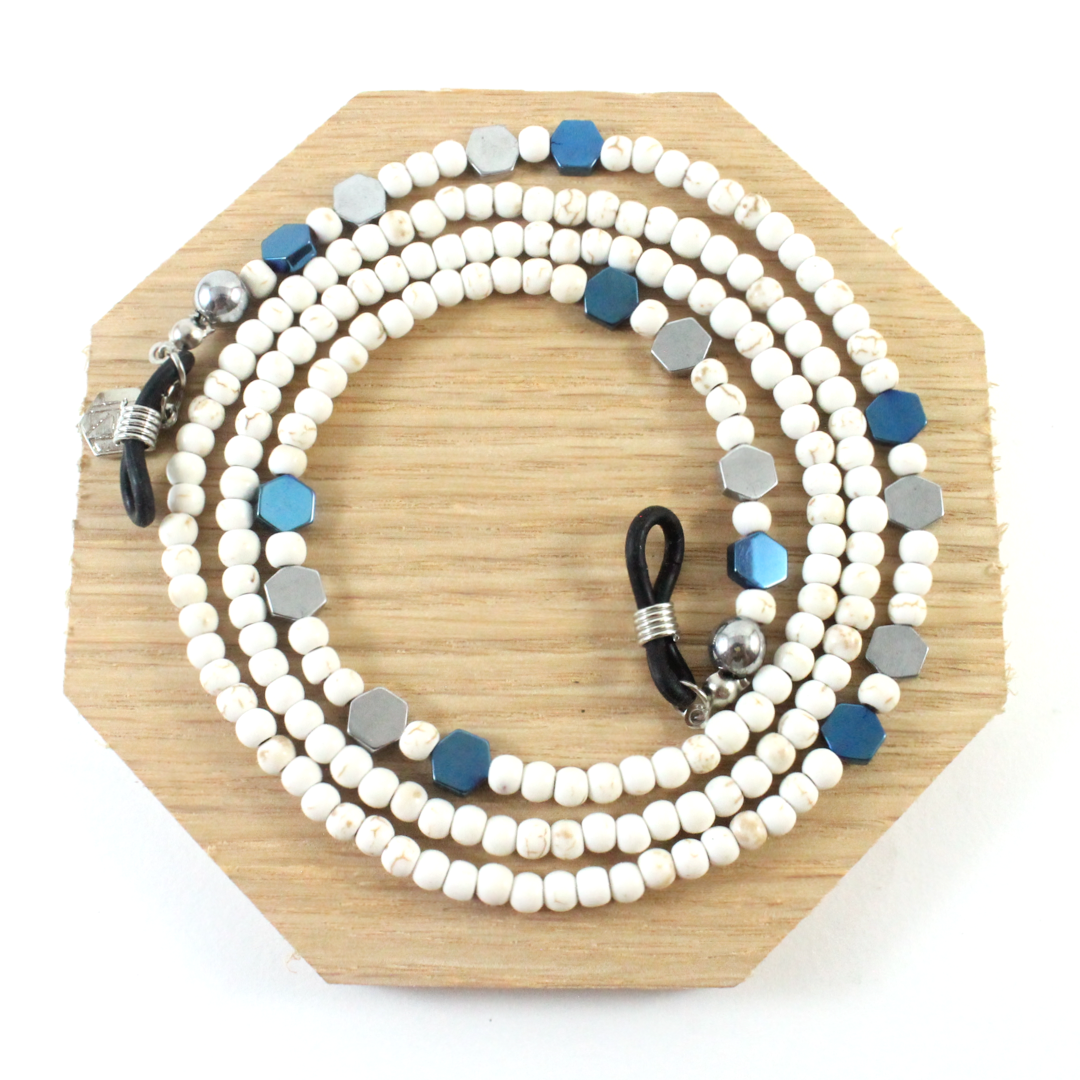 White Howlite with Blue Hematite Eyewear Chain
