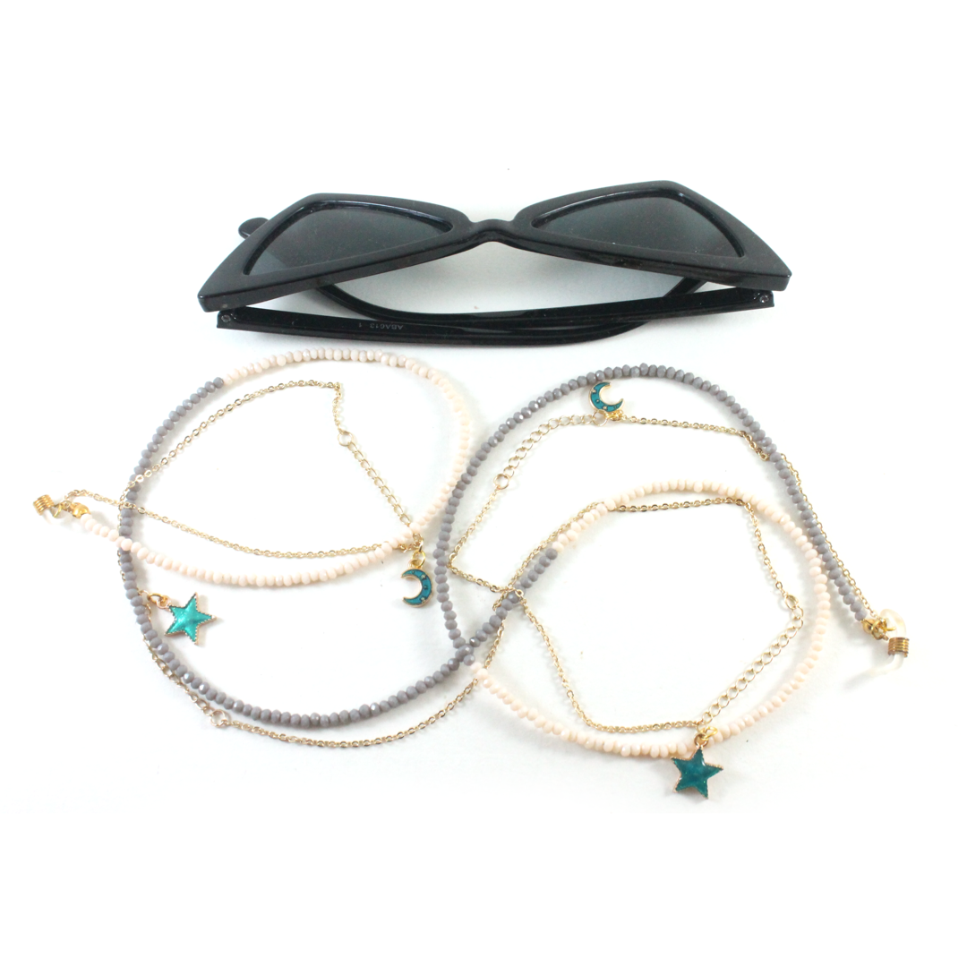 Pastel Grey & Peach Crystals W/ Turquoise Stars and Moon Charms - Eyewear Chain-Eyewear Accessories-TheRicciDistrict