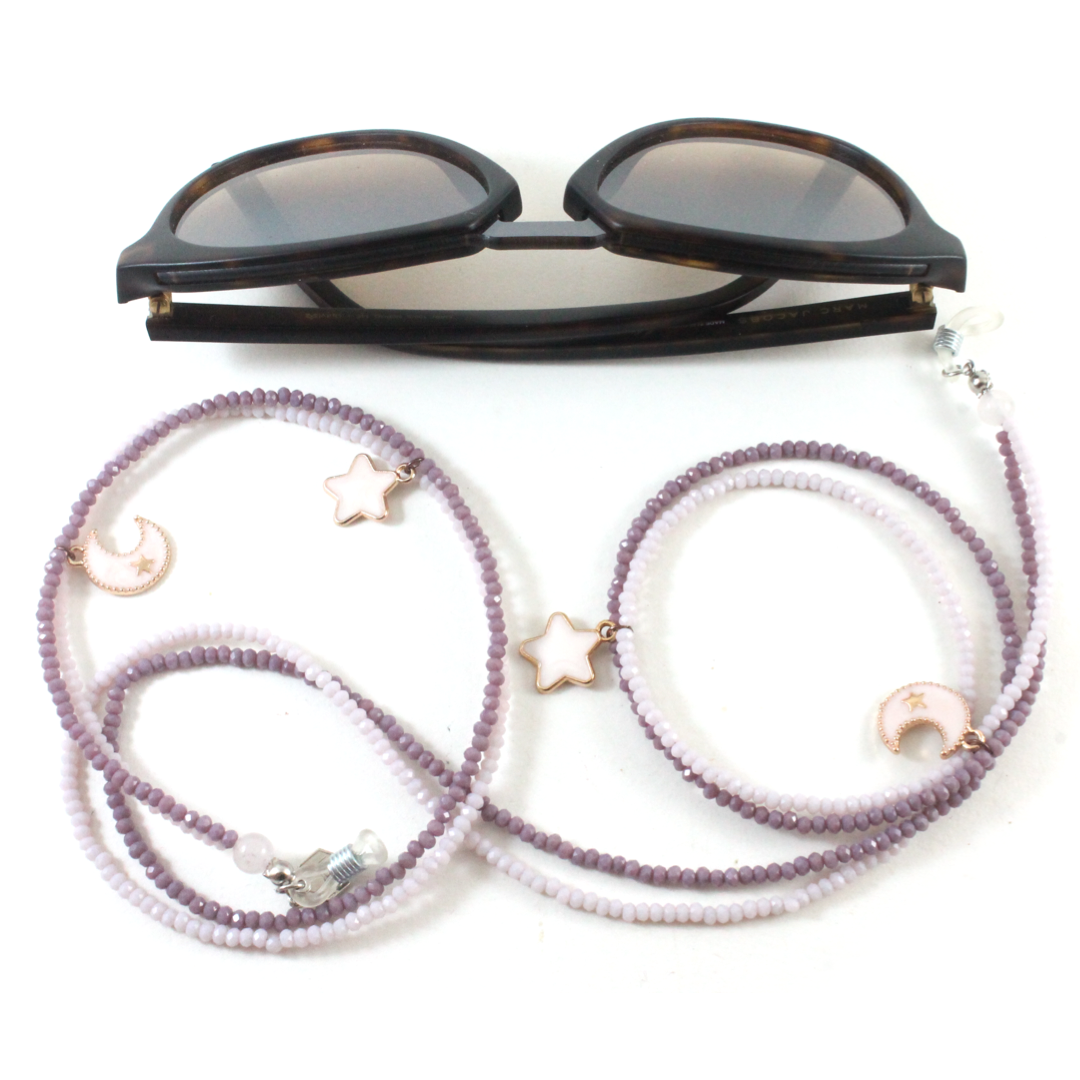 Pink & Purple Crystal Double Strand W/ Stars & Moons Charms - Eyewear Chain-Eyewear Accessories-TheRicciDistrict