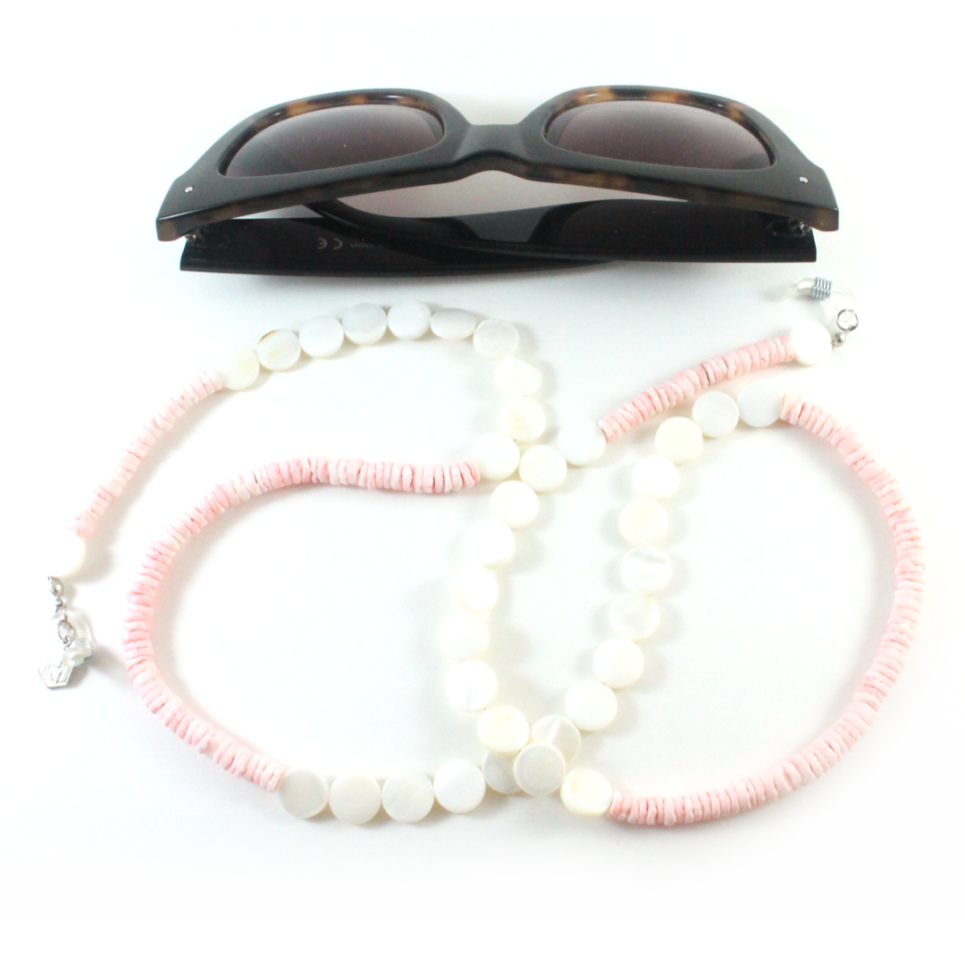 Pink shell with mother of pearl eyewear chain