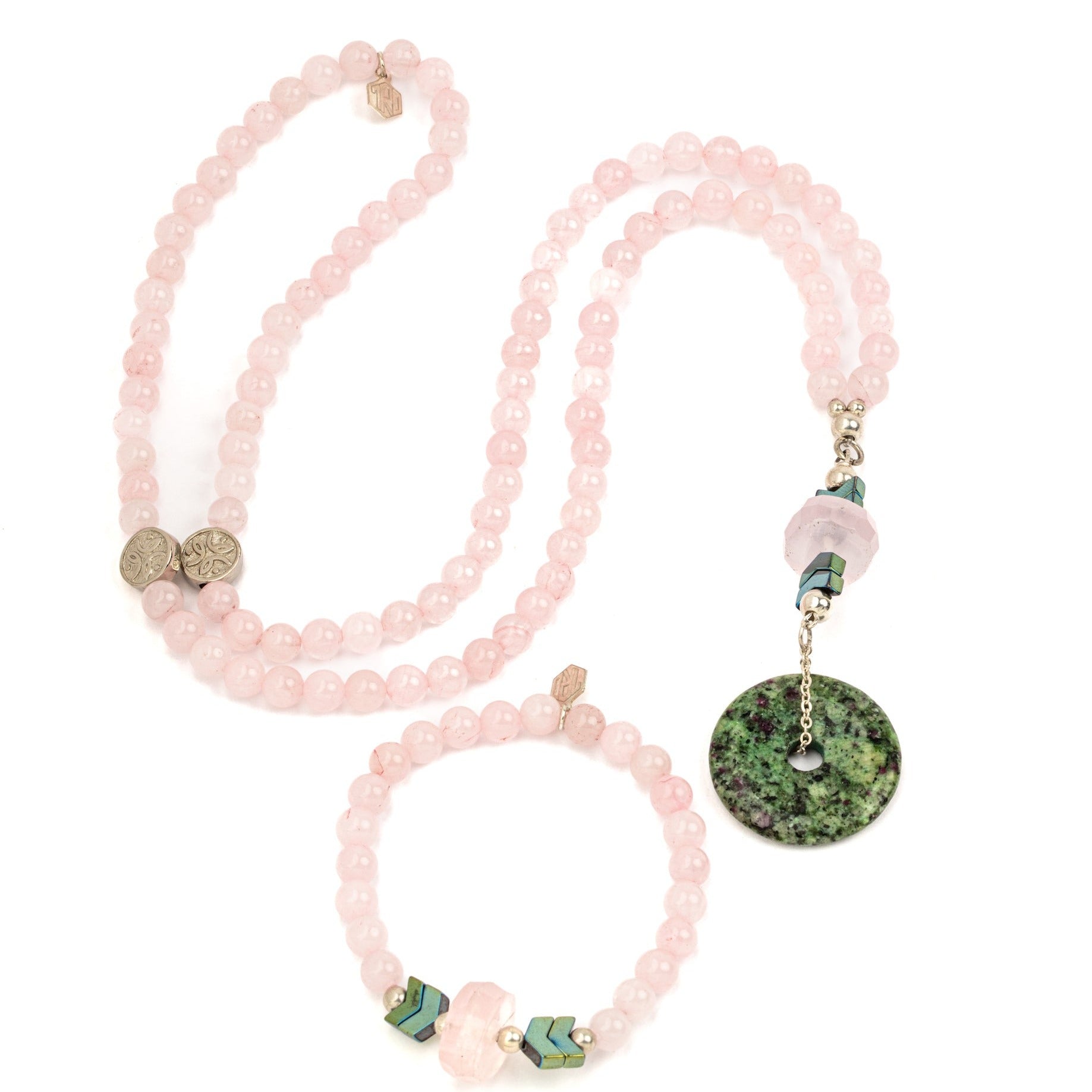 rose quartz with jade necklace and bracelet