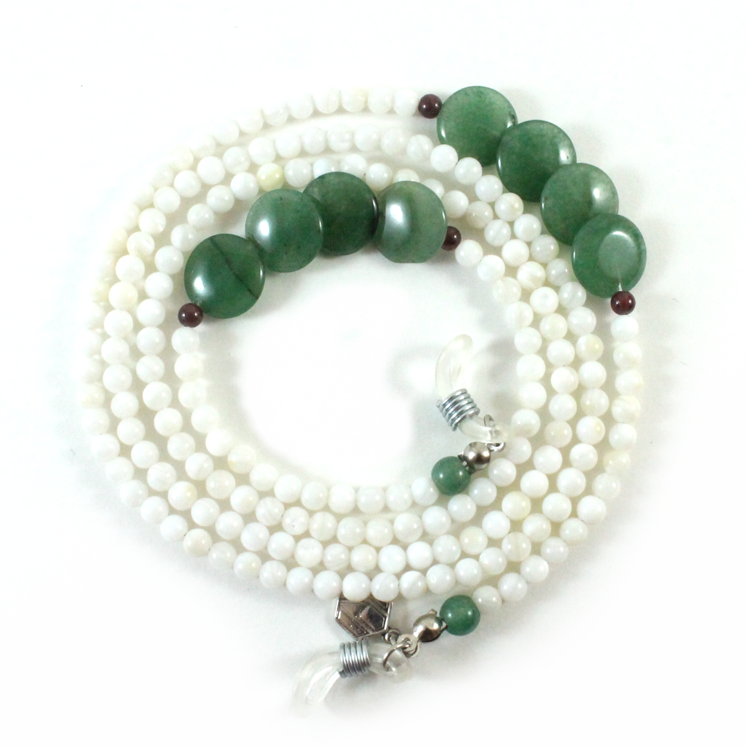 white shell with green jade eyewear chain
